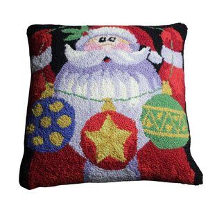 Hooked Wool Santa Throw Pillow 14x14 Velvet Back Santa Accent Pillow